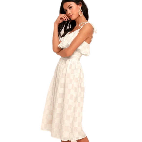 J.O.A. Joanie White Midi Dress Spaghetti Strap Shoulder Tie Semi-Sheer Ruffled S - Picture 1 of 13